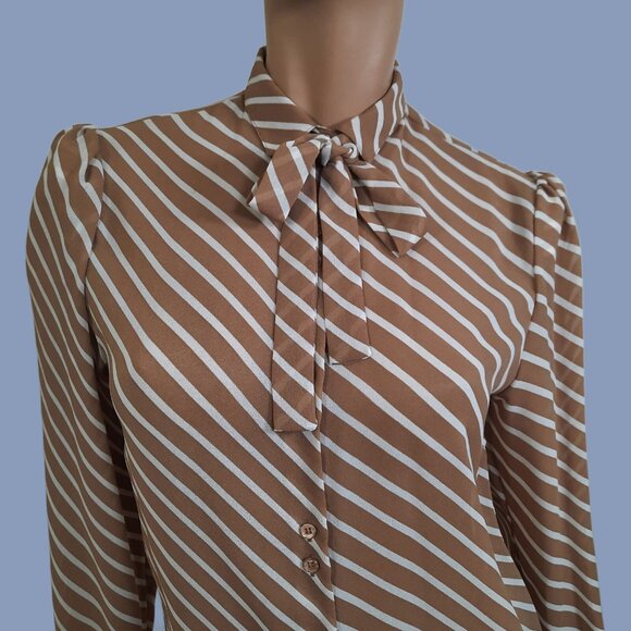Vintage 80s Bow Tie Blouse Secretary Sheer Button Up Beige White Striped S - Picture 2 of 10